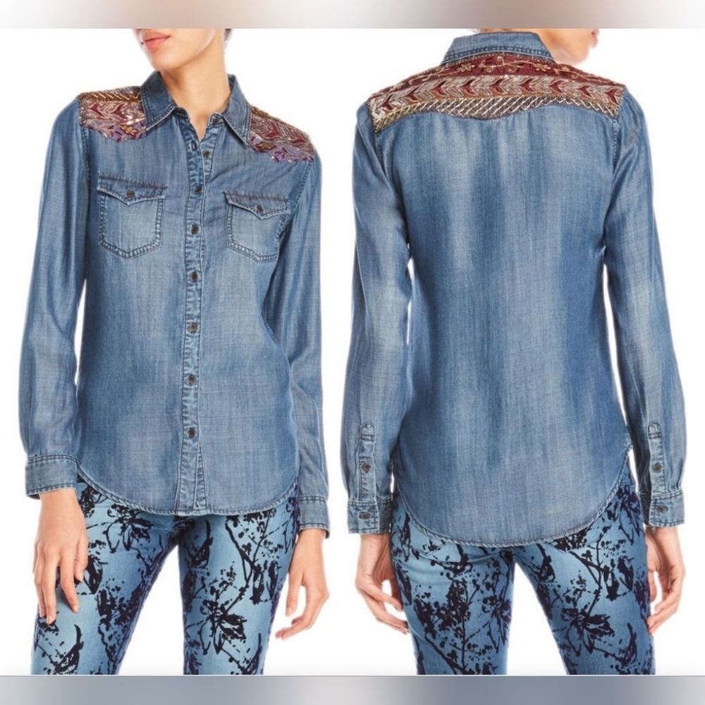 Desigual Boho Western Sequin Shoulders And Back Chambray Button-Up Shirt Size XL